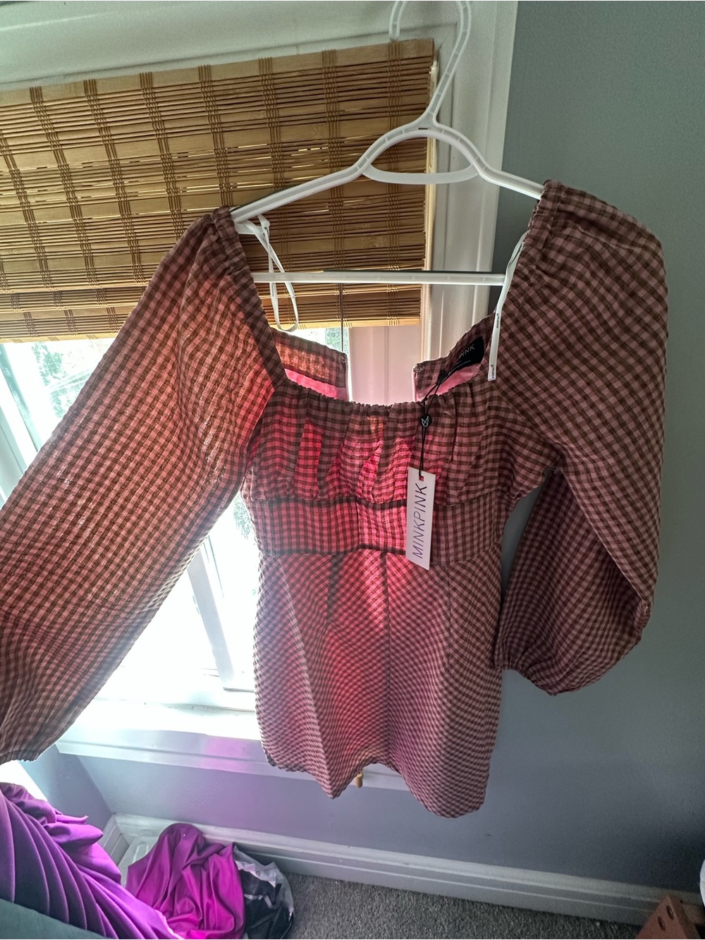 MINKPINK Red Gingham Off-Shoulder Peasant Blouse